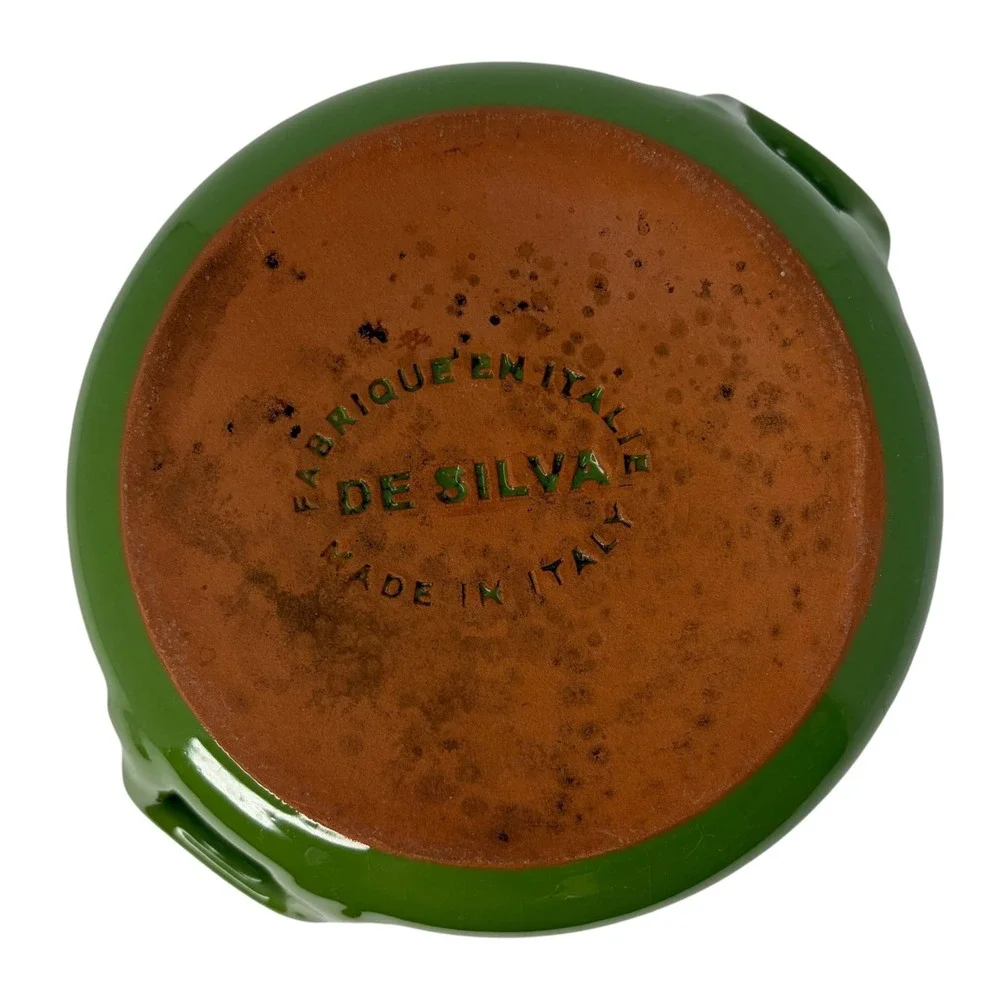 Vintage De Silva Italy Green Terracotta Soup Bowl Crock w Handles Majolica